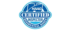 A blue circular logo certifying a residential roofing inspector as Haag certified.