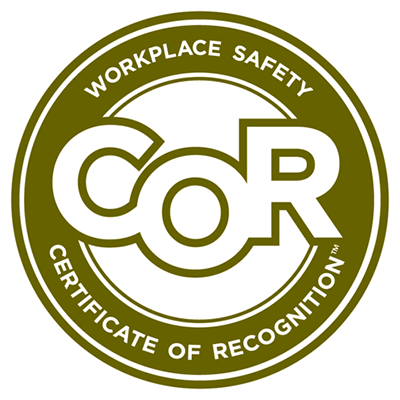A circular green and white seal certifying workplace safety recognition.