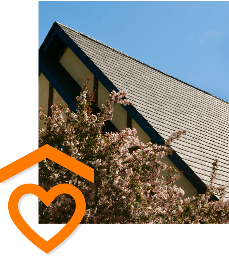 A house roof with a flowering tree in front under a clear blue sky.